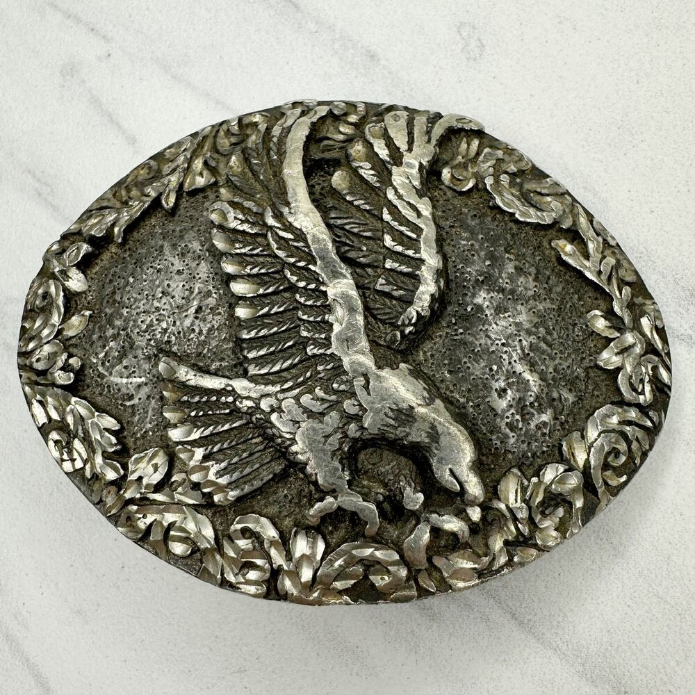 Vintage EGE 1993 Eagle Floral Belt Buckle Silver Tone USA (No Belt Loop) ✨